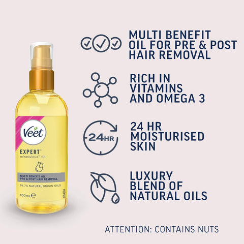Veet Miraculous Oil, 100ml, Razor Bumps Treatment, Women's Shaving Oil, Dermaplaning Oil For Face, Pre and Post Hair Removal, Argan Oil, Shea Butter, Almond Oil, Avocado Oil, Hair Oils