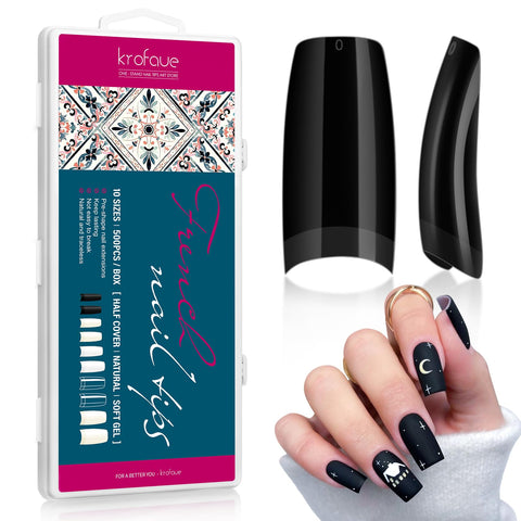 500PCS Black Half Cover Nails Tips, krofaue Lady French Style Acrylic Artificial Tip Manicure with Box of 10 Sizes Black Press on Nails for Nail Tips Art Salons and Home