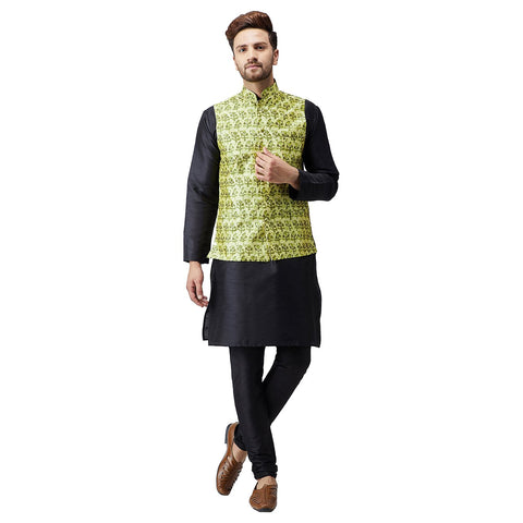 Sojanya (Since 1958, Men's Silk Black Kurta Pyjama & Lime Green Printed Nehru Jacket Set, Size: 42