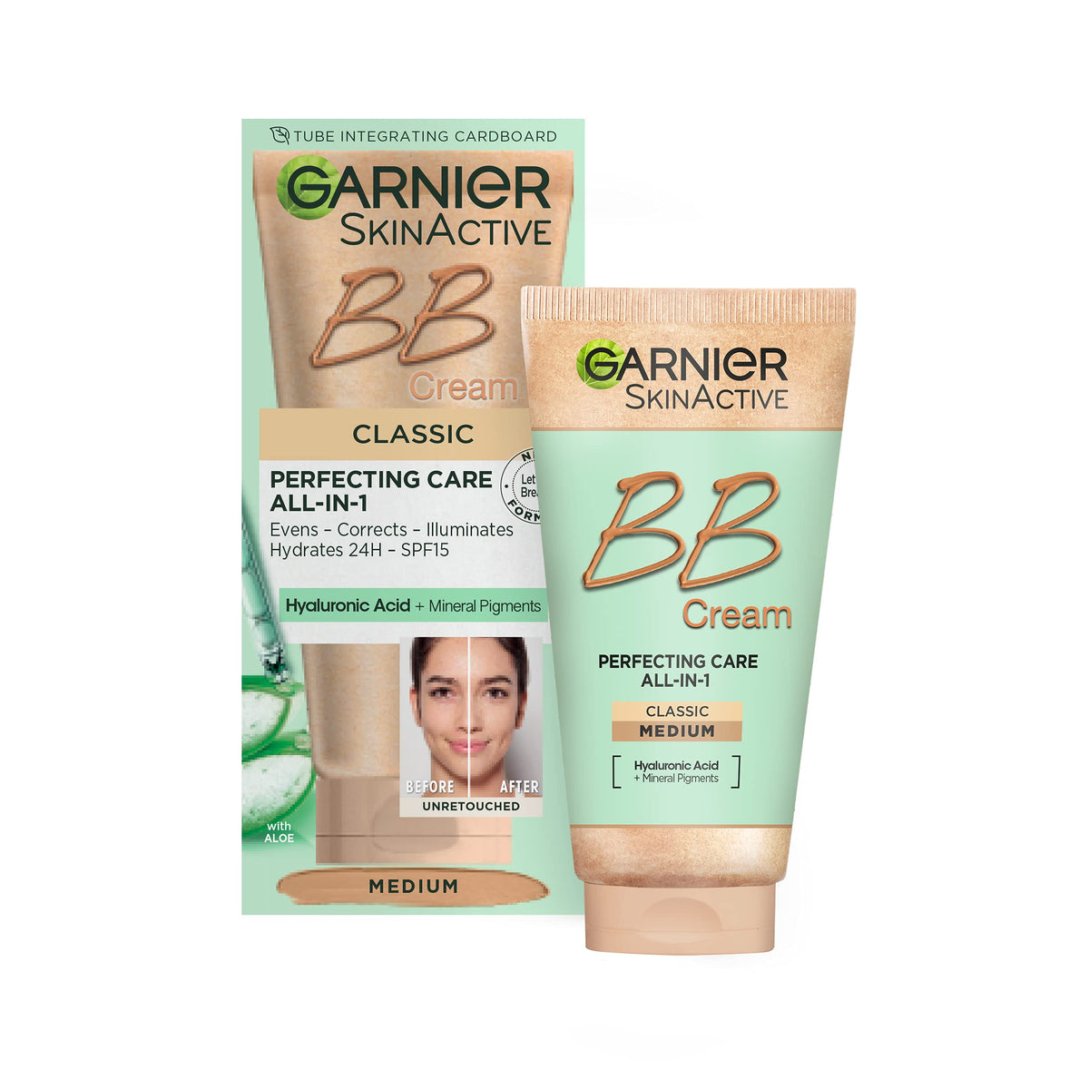 Garnier SkinActive Classic Perfecting All-in-1 BB Cream, Shade Classic Medium, Tinted Moisturiser SPF 15, Brightens and Evens Skin, With Hyaluronic Acid, Aloe & Mineral Pigments, 50 ml