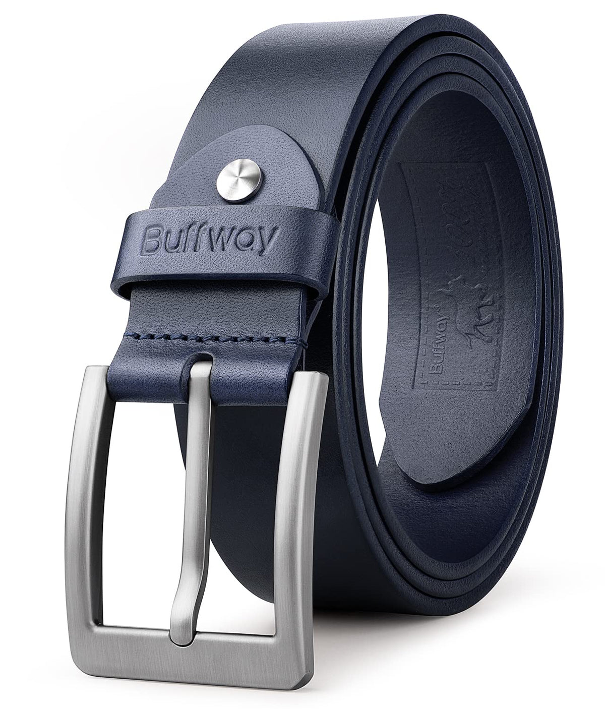 Buffway Minimalist 1.5" Full Grain Leather Belts for Men with Metal Buckle, Heavy Duty Mens Casual Belts in Gift Box- 36" Navy Blue