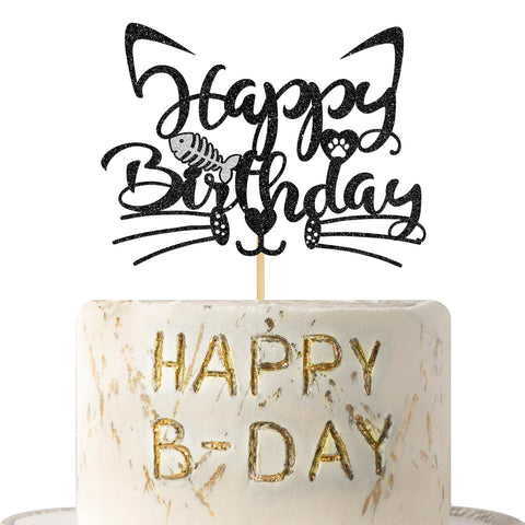 Happy Birthday Cake Topper with Cat?Fish, Baby Shower/Kid 's 1st 2nd 3rd Birthday Cake Decors, Happy Birthday Kitten Sign, Cartoon Theme Party Supplies for Boy or Girl, Black Glitter