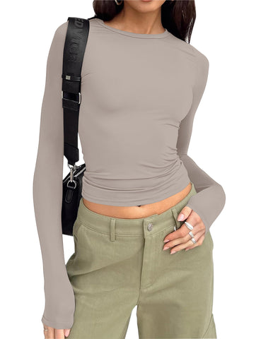 Cioatin Women’s Long Sleeve Round Neck Crop Top Tee Shirt Basic Solid Y2K Tight Slim Fit Cropped Shirt Workout Yoga, Mocha Grey, XS