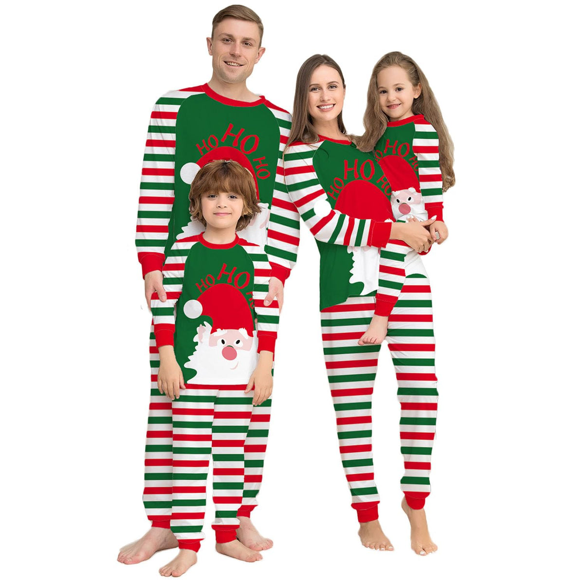 NMVB Christmas Matching Family Pyjamas Set, Xmas Pjs Red/Green Stripes Santa Print Long Sleeve Nightwear Sleepwear for Womens Mens Girls Boys Kids