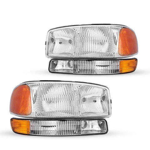 PHILTOP Headlamp Headlight Assembly,Replacement for Sierra 1500,Sierra 2500 HD,Yukon/Yukon XL 1500/2500,Sierra 3500,Sierra 2500,Sierra 1500 Classic,Chrome Housing Amber Reflector Clear Lens