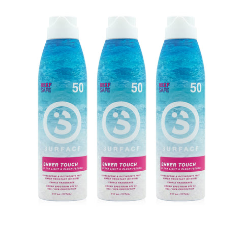 Surface Sheer Touch Spray Sunscreen - Lightweight & Water Resistant Sunscreen Spray with Broad Spectrum UVA/UVB Protection - Cruelty & Paraben Free, Reef Friendly - SPF 50, 6 Fl Oz (3 Pack)