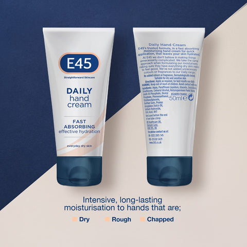 E45 Daily Hand Cream 50 ml - E45 Hand Cream for Very Dry Hands - Hand Moisturiser for Dry Skin and Sensitive Skin - Non-Greasy Hand Repair Cream for Soft and Supple Hands - Fast Absorption Formula