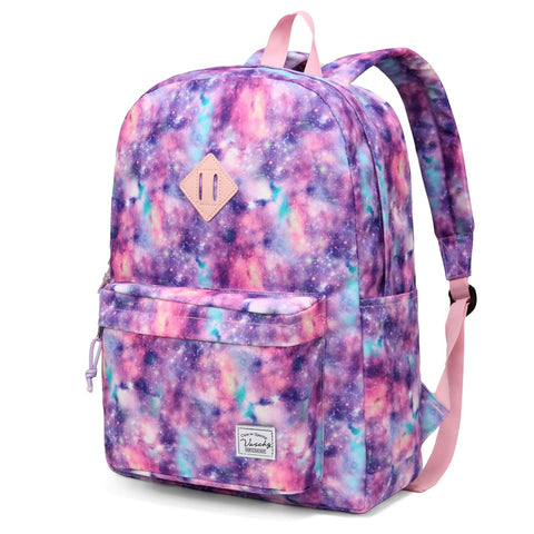 VASCHY School Bag for Girls, Galaxy School Backpack for Teenager Kids Water Resistant Rucksack for Women Lightweight Casual Daypack with for Elementary Middle School Sports Work Travel(Pink Galaxy)