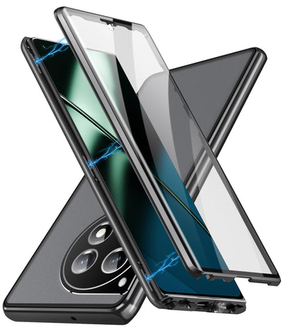 Case Compatible for OnePlus 12R,Magnetic Adsorption Metal Bumper Frame with Transparent Tempered Glass Screen Front and Back, 360 Degrees Protection Case, Camera Lens Protectors Cover,Black