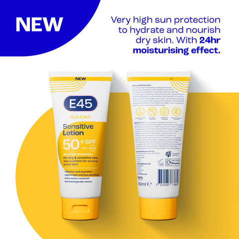 E45 Sun Body Lotion for Sensitive Skin. Hydrating Sun Cream with very high UVA and UVB protection and SPF 50+. For Dry Skin, Sensitive Skin and Eczema Prone Skin - 180 ml