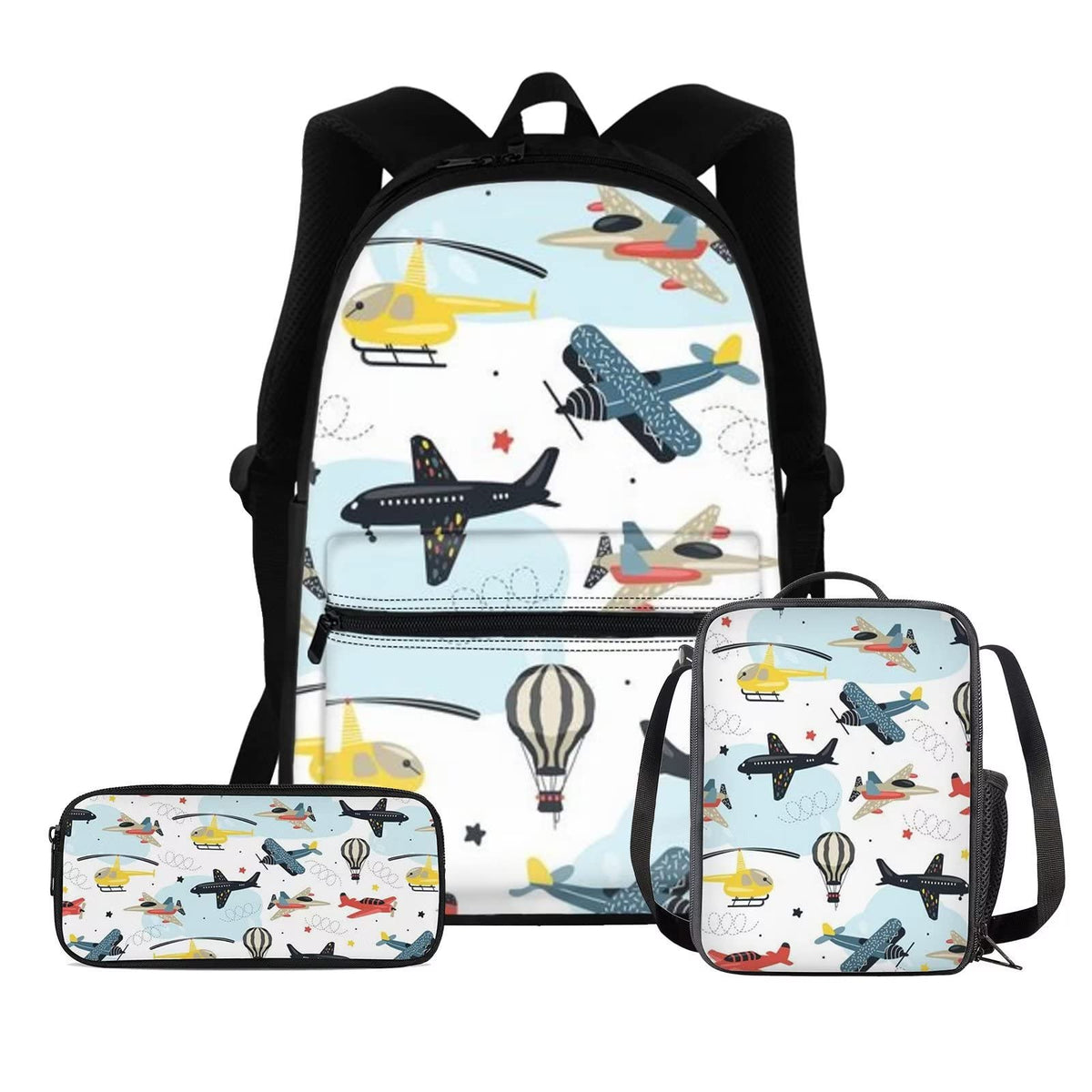 WELLFLYHOM Cartoon Airplane Backpack 3 In 1 School Bag and Lunch Box Set for Teen Boys Elementary School Bookbag Cute Pencil Case for Primary Middle Kids Bagpack Satchel for Daycare