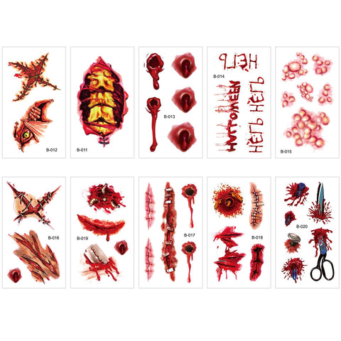 10 Pcs 2023 New Waterproof Realistic Fake Face Blood Wound Stitch Tattoo Sticker, Halloween Face Temporary Tattoos Stitches Tattoo Sticker Prank Props for Halloween Cosplay Party (B?