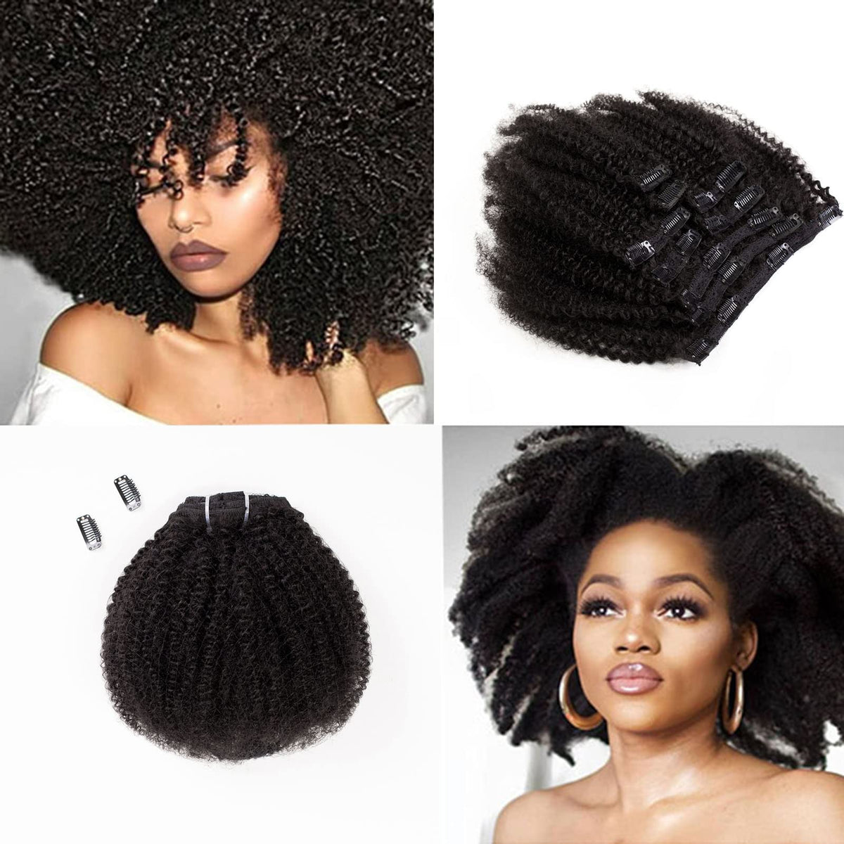 Saga Queen Brazilian Afro Kinky Curly Clip In Hair Extensions 9pcs 20clips 120g/pck Brazilian Virgin Human Hair Clip Ins (1 bundle 14inch, natural black)
