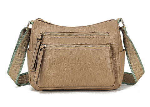 AOSSTA Cross Body Bag Women Leather Shoulder Bags Multi Zip Pocket With Wide Canvas Strap (Khaki)