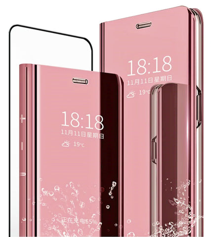 MLOTECH Case for Samsung A71, Case + Tempered Glass Screen Protector Flip Clear View Translucent Mirror Cover 360Â° Shockproof Smart Cover Bumper Rose Gold