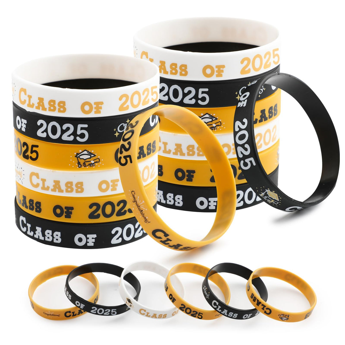Jogoico 30Pcs Class of 2025 Wristbands, 3 Colors Graduation Silicone Bracelets Gifts, Rubber Bracelets Grad Present for Congrats Graduation Party, Students, Teachers, School Leavers, Graduates