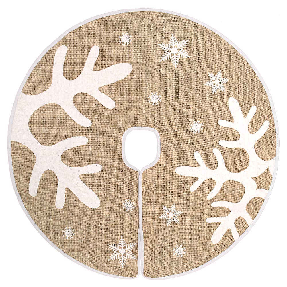 MACTING Christmas Tree Skirt, Burlap Tree Skirt with White Snowflakes Tree Foot Base Cover Xmas Tree Skirt for Christmas Decoration
