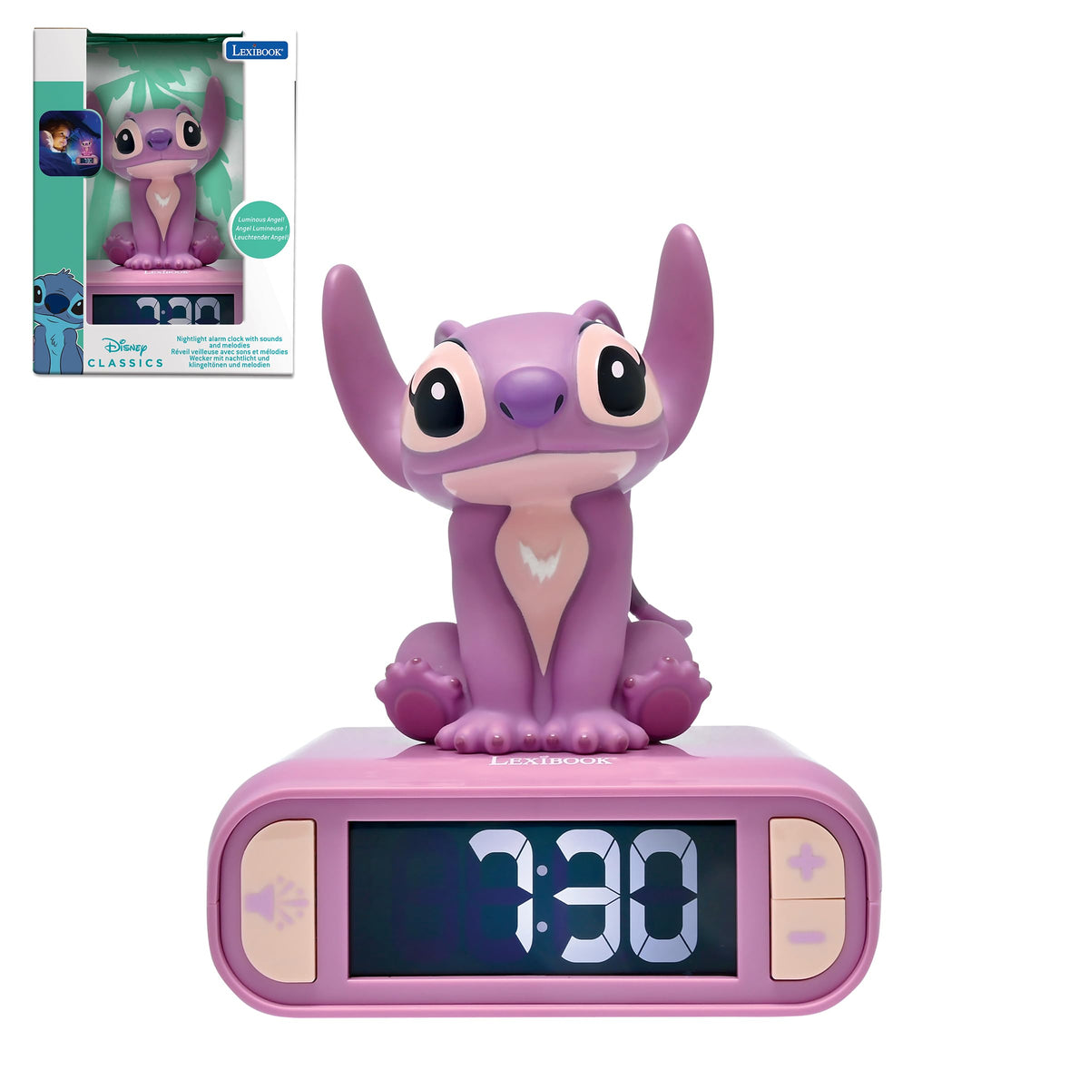 LEXIBOOK, Disney Stitch, Angel Night Light Alarm Clock, Sounds and Melodies, Backlit LCD Screen, Luminous, Snooze, pink, EinheitsgroBe