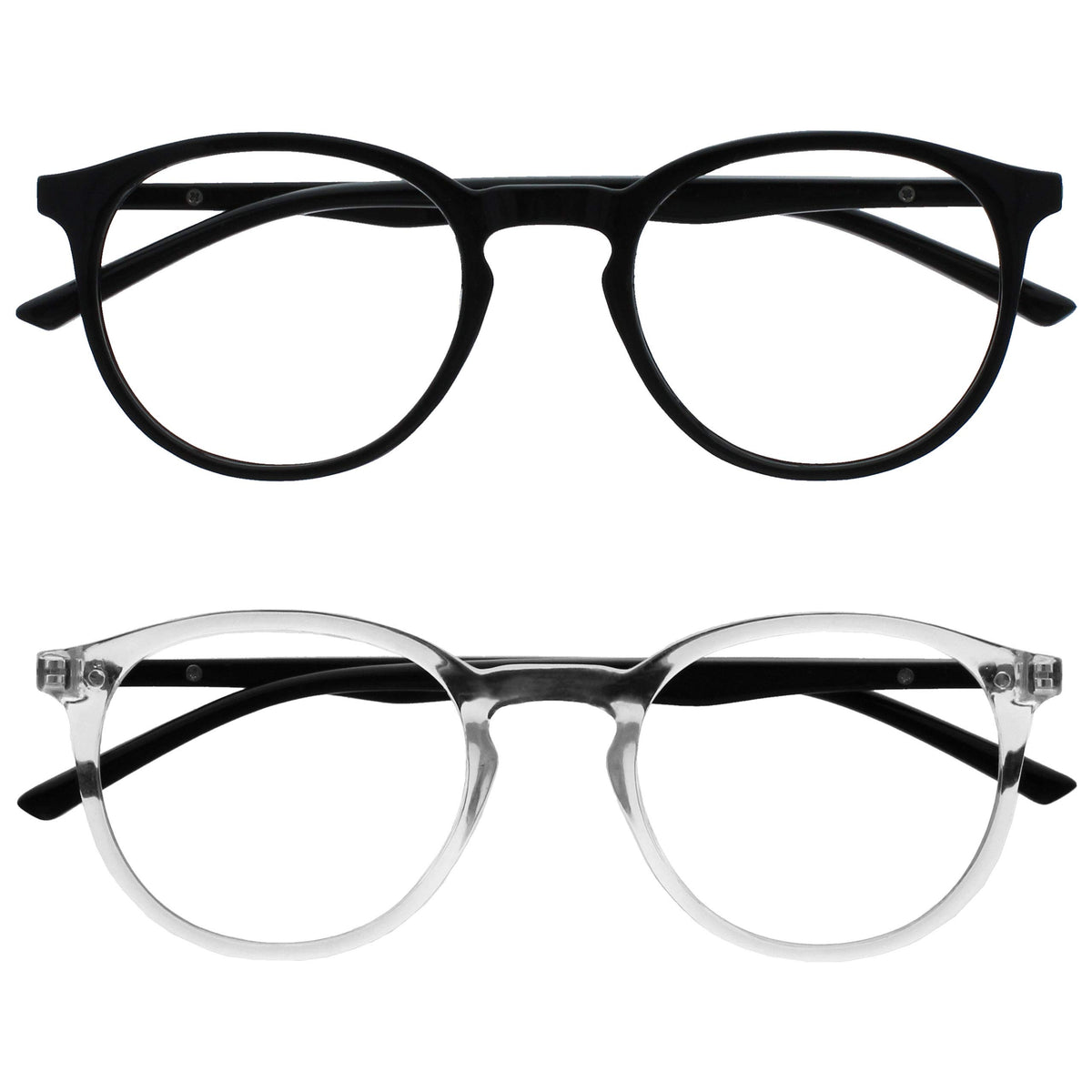 OPULIZE Met Reading Glasses 2 Pack Slim Round Frame Scratch Resistant Spring Hinges Black Transparent Mens Womens RR60-1C +2.50