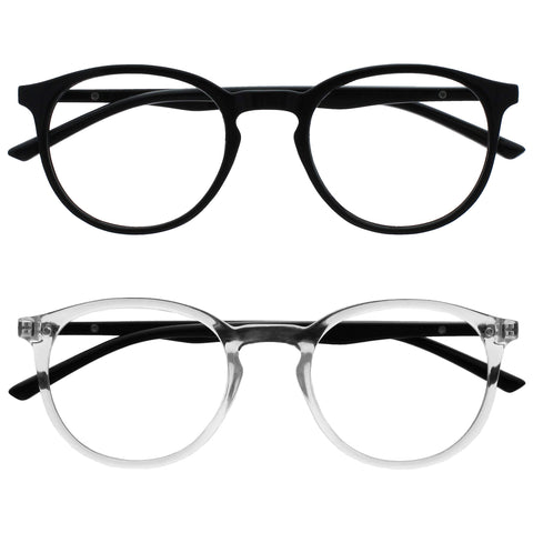 OPULIZE Met Reading Glasses 2 Pack Slim Round Frame Scratch Resistant Spring Hinges Black Transparent Mens Womens RR60-1C +2.50