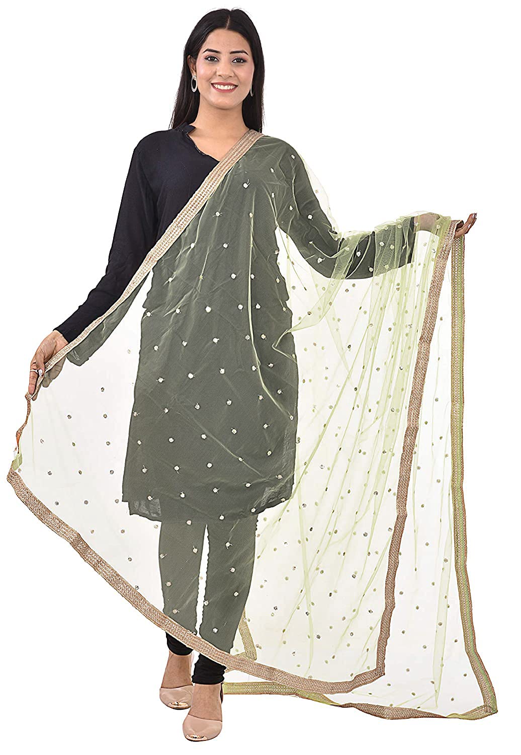 themilestocks Woman's Embellished Net Dupatta Scarf Shawl Wrap Soft Indian Bridal Wedding (Sage), 87 X 44 Inch