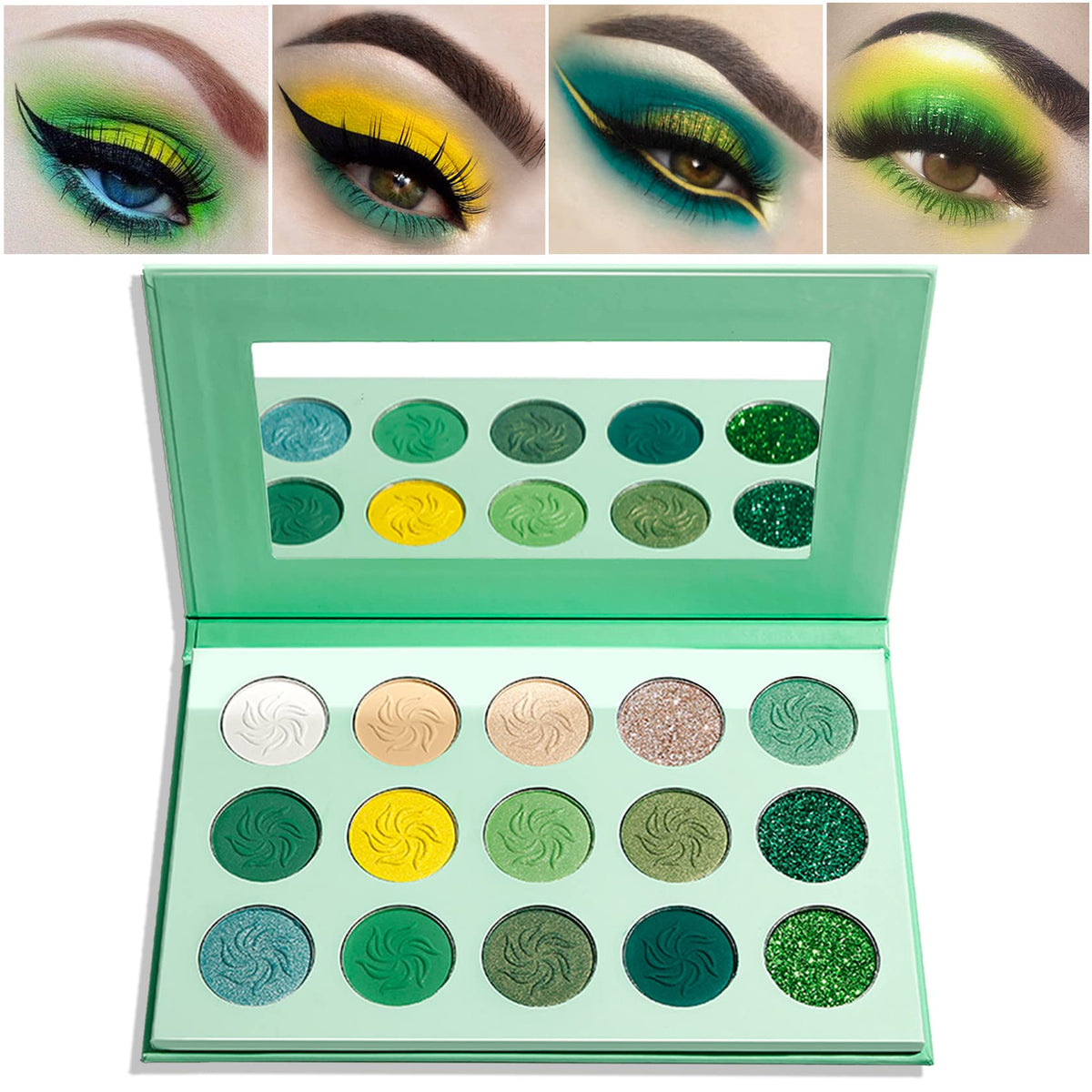 Green Eyeshadow Palette?QIUFSSE 15 Colors Eye Shadow Pallete Sets Highly Pigmented Matte Glitter Colorful Long Lasting Blendable Forest Emerald Green Yellow Makeup Pallet for Women Christmas Halloween