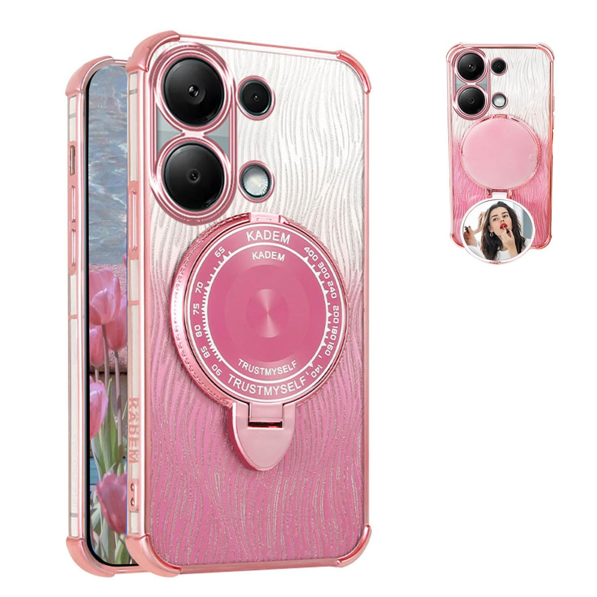 YUECXIN Case for Xiaomi Redmi Note 13 Pro 4G/Poco M6 Pro 4G, Luxury Gradient Bling Sparkling Shiny Makeup Mirror Women Girls Case, Ultra Thin Shockproof Soft TPU Silicone Kickstand Cover - Pink