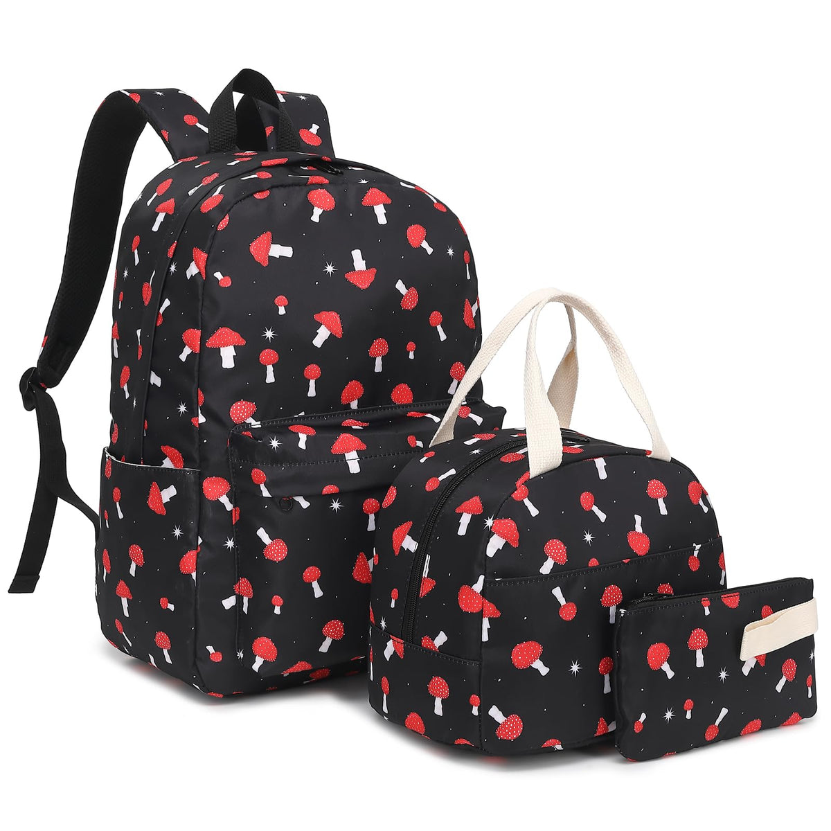 Mimfutu Mushroom School Backpack for Teen Girls, 3-in-1 Kids Backpack Bookbag Set School Bags with Lunch Box Pencil Case