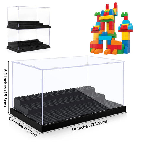 RHBLME 2 Pack Display Case for Minifigures Action Figures Blocks, Clear & Dustproof Acrylic Minifigure Display Case Box Storage with 3 Movable Steps, Figure Display Case for Lego Lovers
