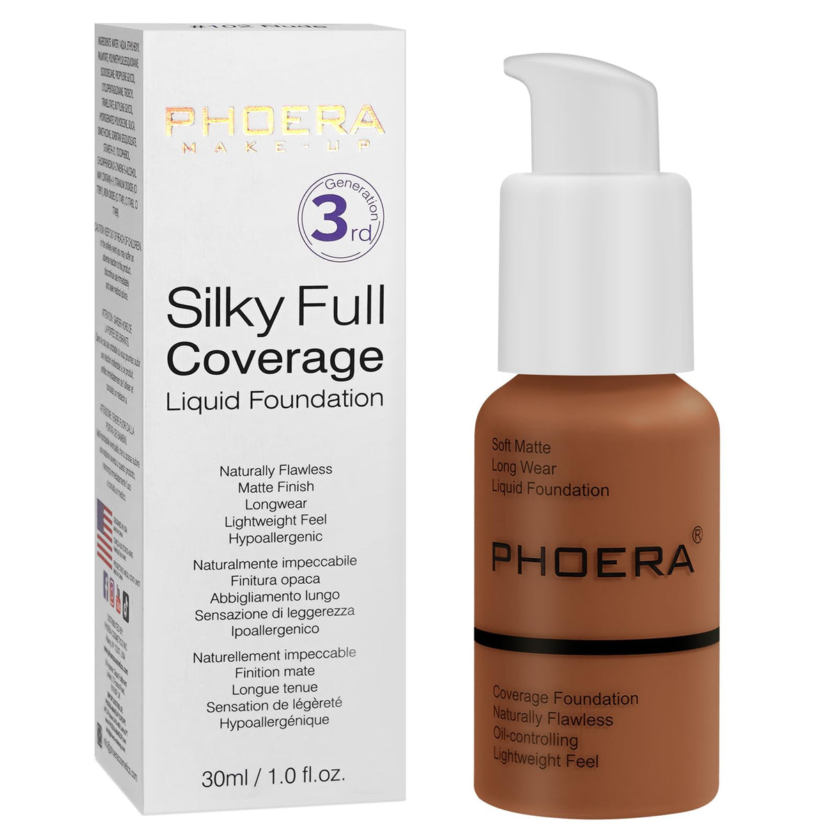 2PCS PHOERA Foundation, PHOERA Matte Liquid Foundation,PHOERA Makeup for Women, PHOERA Foundation Full Coverage Concealer, 30ml 24HR Matte Oil Control Concealer (110-Truffle)