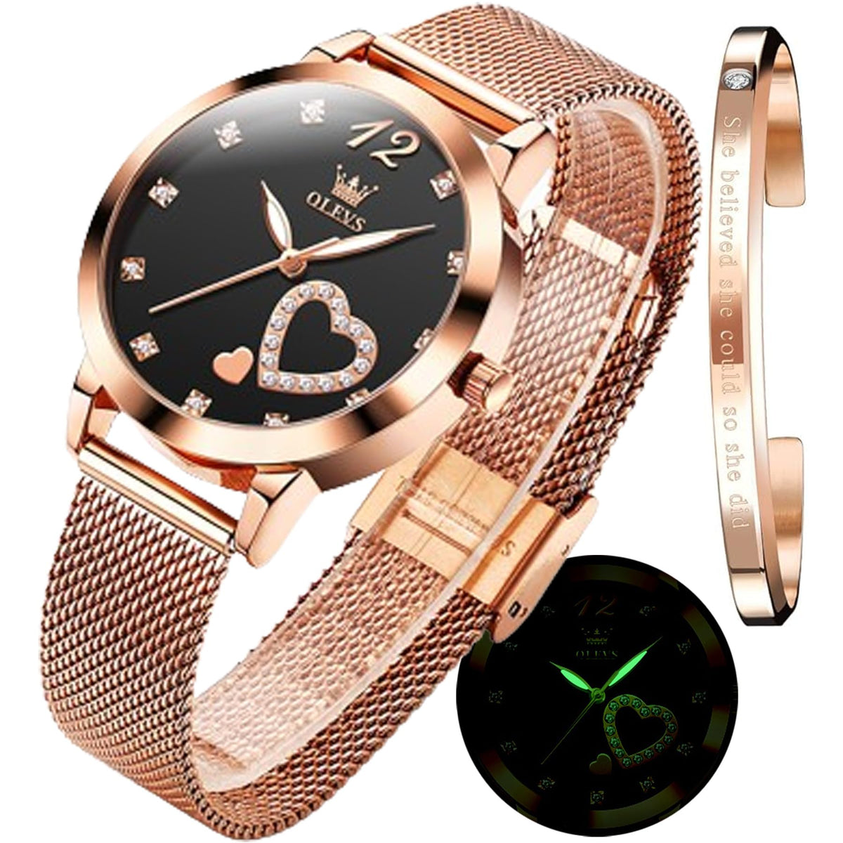 OLEVS Womens Watch Gifts Set with Bracelet Rose Gold for Lady Female Minimalist Simple Slim Thin Casual Analog Quartz Wrist Watches Waterproof Two Tone