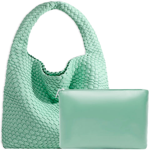 Women Vegan Leather Hand-Woven Tote Handbag Fashion Shoulder Top-handle Bag All-Match Underarm Bag with Purse (Spring green)