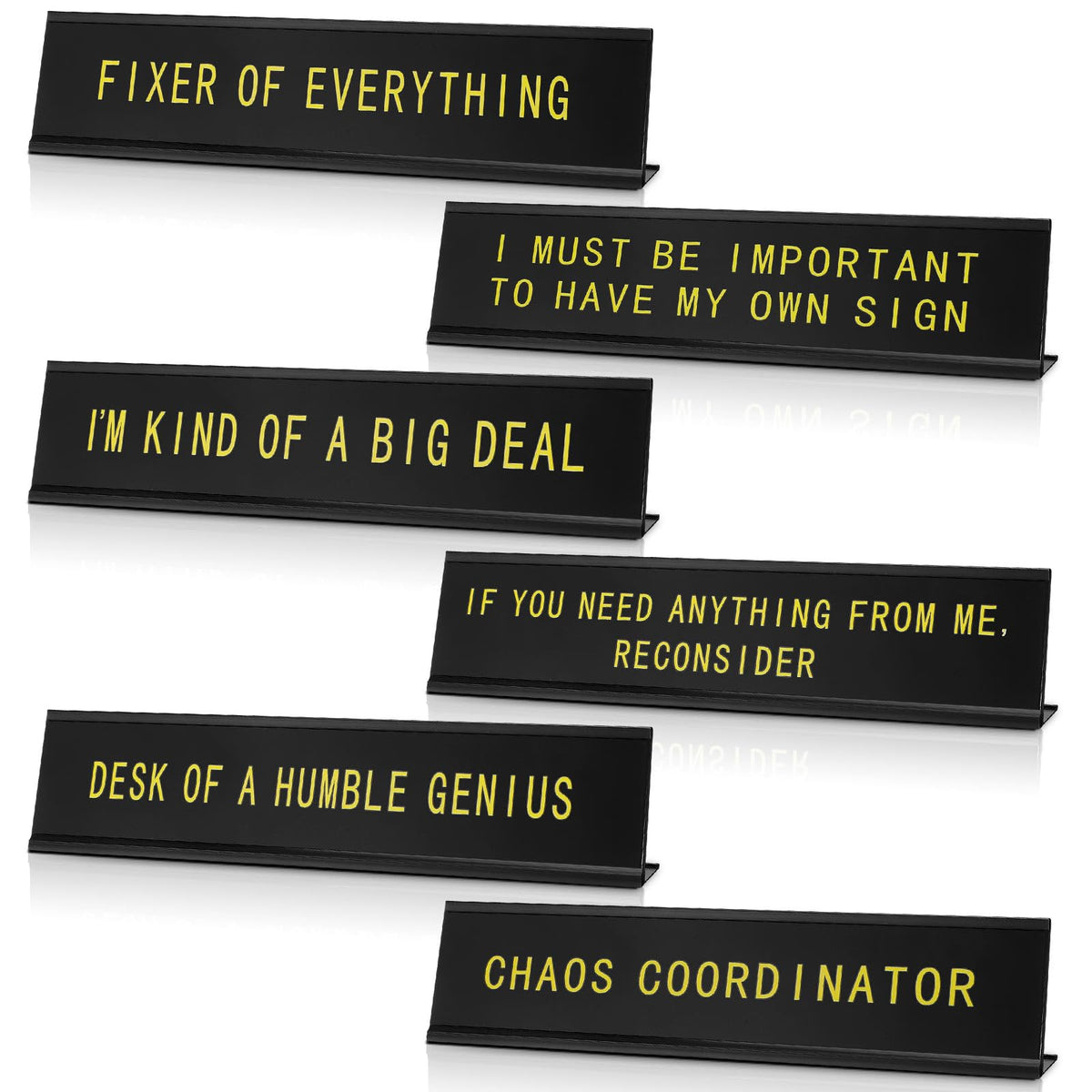 Menkxi 6 Pcs Funny Desk Sign Plaques for Office Decor, Novelty Desk Sign Nameplate for Manager Gifts Work Accessories, Letters on Black Background, 10 x 2 Inches(Gold Letters, Black Base)