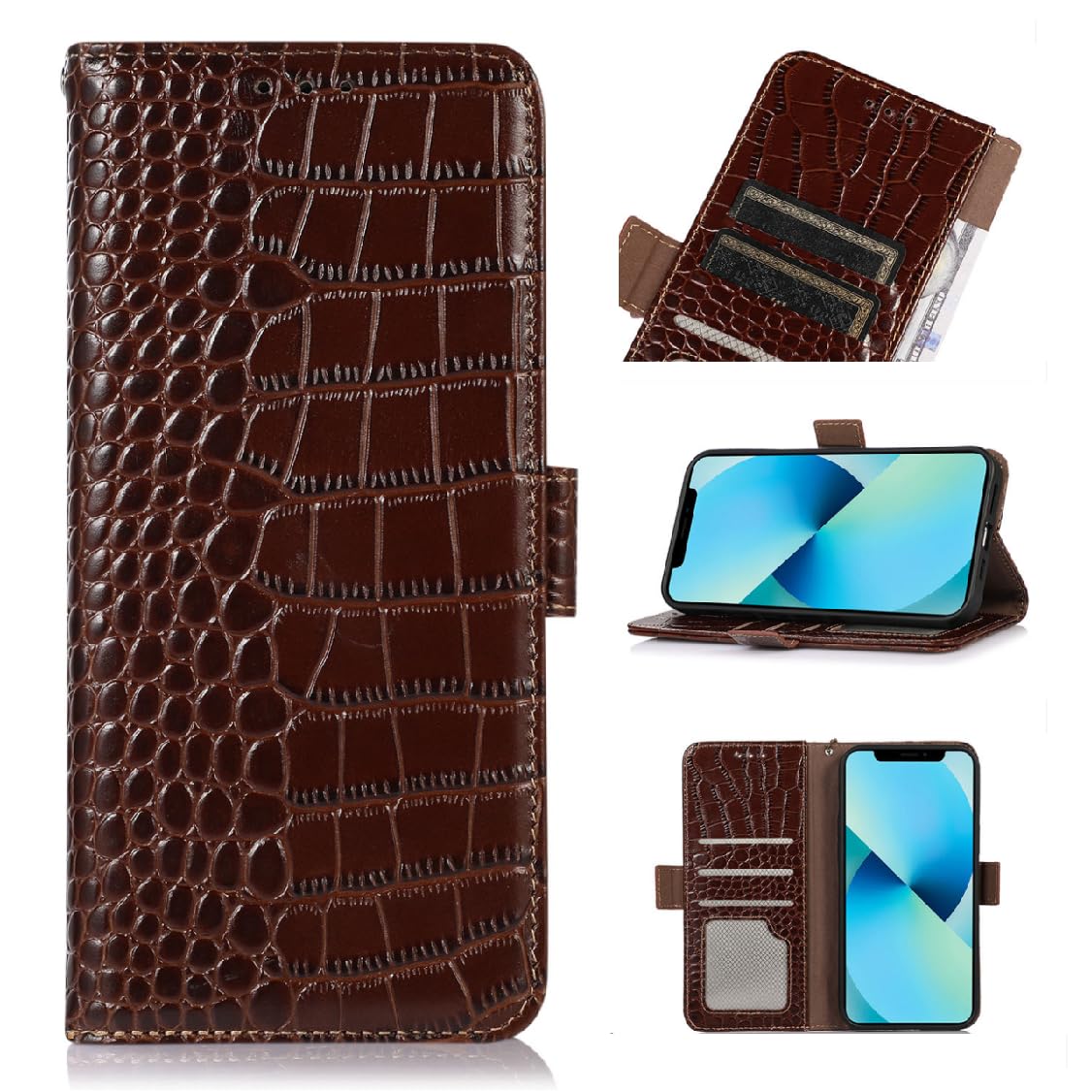 XIMAND Genuine Leather Case for iPhone 16 Pro Max Pro with 3 Credit Card Slot RFID Blocking,Crocodile Pattern and Magnetic Closure with Full Body Screen Camera Protective Flip Cover - Brown