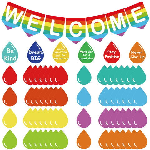 Back to School Bulletin Board Decorations First Day of School Bulletin Board Rainbow Welcome Back Banner Raindrop Motivational Cutouts Classroom Decor School Holiday Bulletin Board