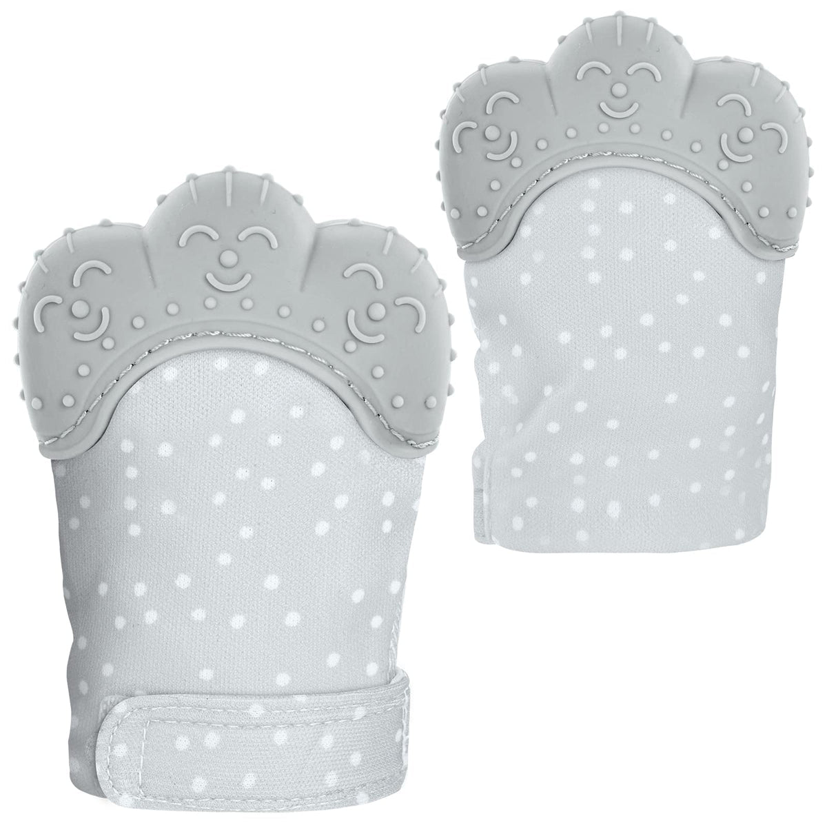 Vicloon Baby Teething Set, 2 Pack Teething Mittens for Baby, Includes 2 Silicone Mitten Teether Glove, Polka Dots Teething Glove, Infant Soothing Pain Relief Mitt Baby Teether Mits for Baby (Grey)