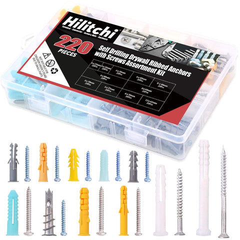 Hilitchi 220-Pieces Zinc and Plastic Self Drilling Drywall Anchors with Phillips Pan head Self Tapping Screws Assortment Kit