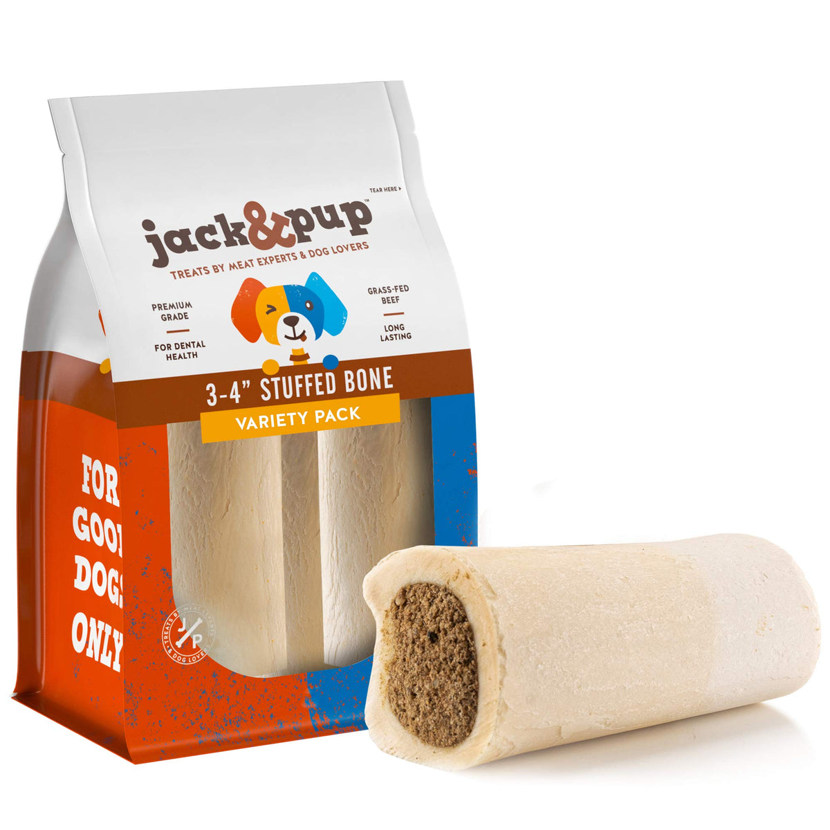 Jack&Pup Filled Dog Bones for Aggressive Chewers, 3-to-4-Inch Dog Chew Treats Dog Bone. (Flavors: Peanut Butter, Bacon & Cheese, Bully Sticks). All Natural Dog Bones - Variety 3 Pack