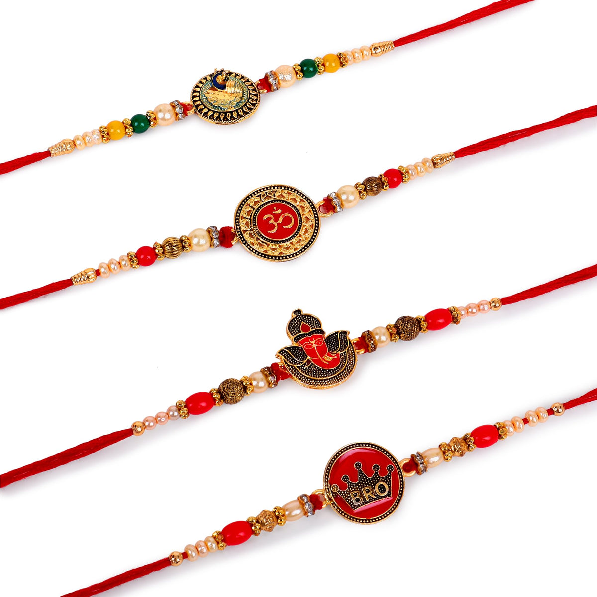 Hashcart Rakhi for Brother and Bhabhi With Gift Envelope Pack | Set of 4 Raksha Bandhan Bracelet for Kids, Boys, Bhaiya, Bhabhi, Sibling | Roli Chawal and Greetings Card Included