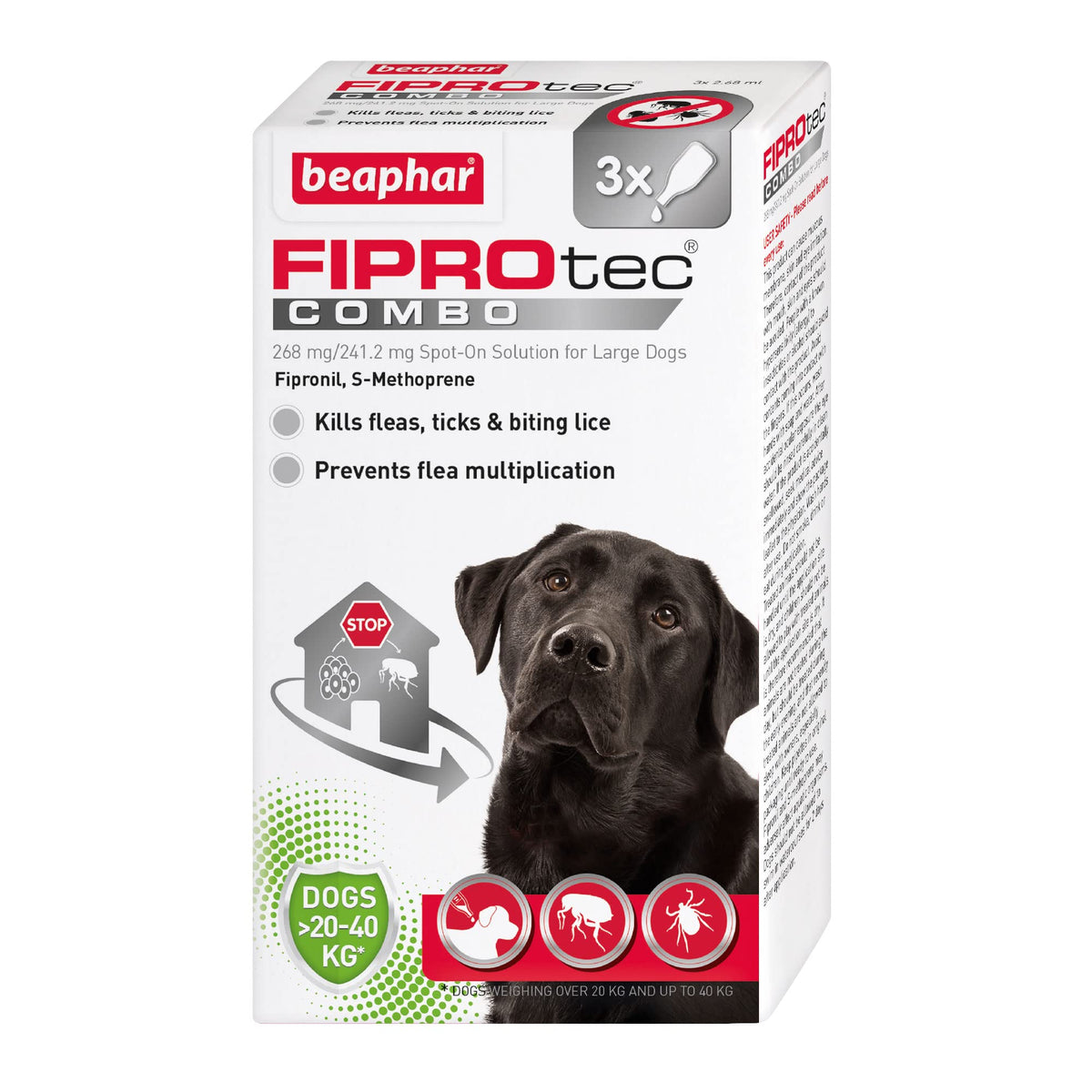Beaphar, FIPROtecÂ® Combo for Large Dogs (20-40kg), Kills Fleas, Flea Eggs and Ticks, Stops Fleas Multiplying on Pet and in Home, Vet Strength Treatment, clear, 3 Pipettes