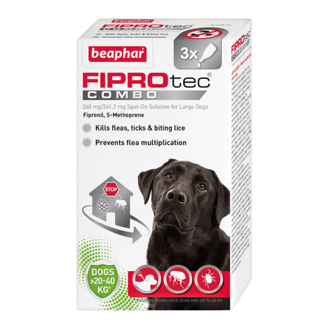 Beaphar, FIPROtecÂ® Combo for Large Dogs (20-40kg), Kills Fleas, Flea Eggs and Ticks, Stops Fleas Multiplying on Pet and in Home, Vet Strength Treatment, clear, 3 Pipettes