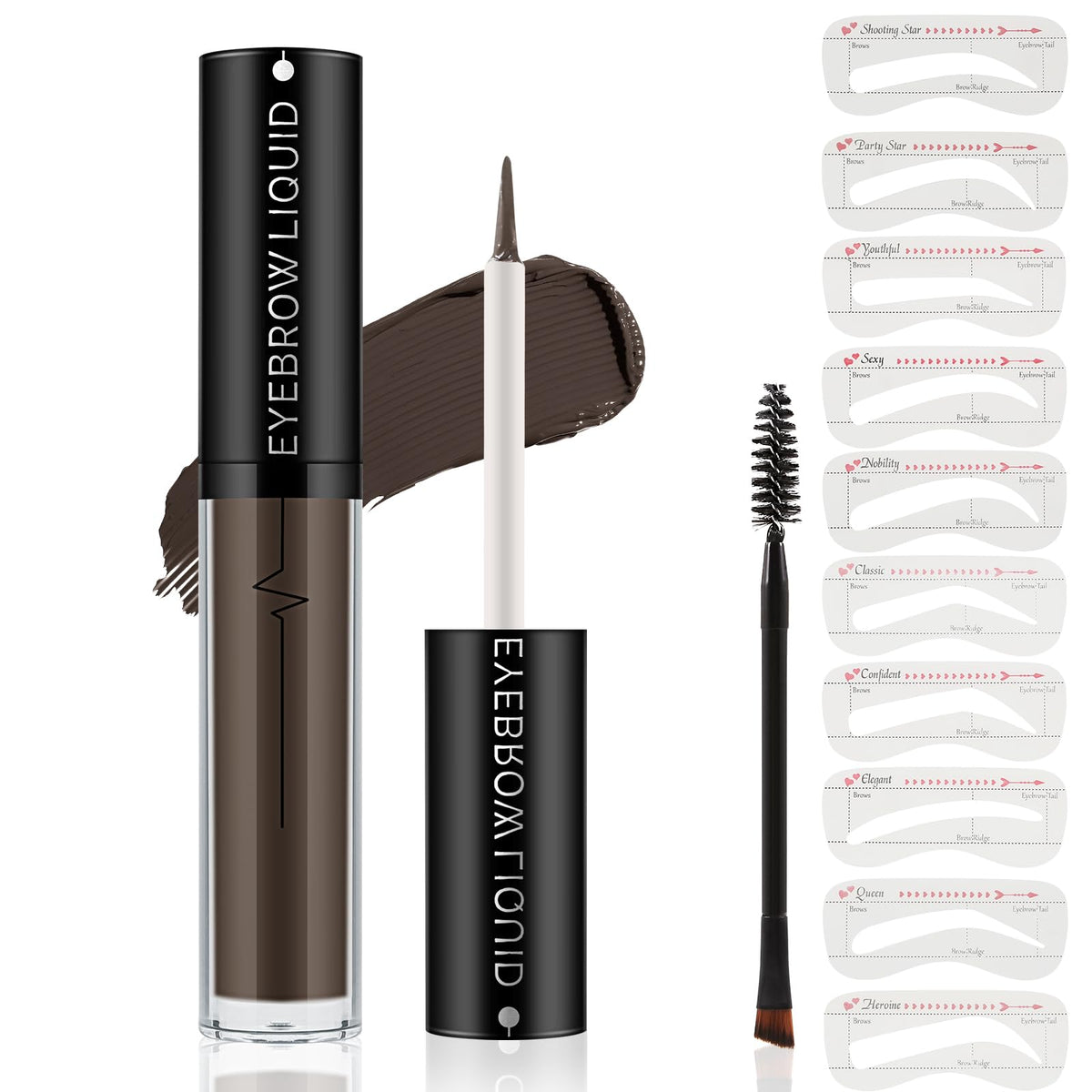 Apooliy Waterproof Eyebrow Gel,Liquid Brow Stick with Eyebrow Brush and 10 Brow Stencials,Long Wear Up to 24 Hours,Quick Drying