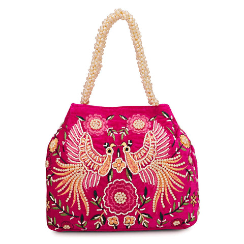 LONGING TO BUY Indian Peacock Embrodiery Potli Bag With Both Side Hand Work, Fancy Potli Bag for Women, Magenta, 9" (Width) X 6.5" (Height)