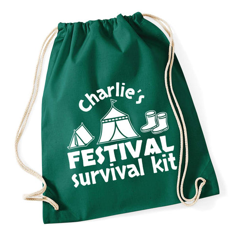 Hippowarehouse PERSONALISED Festival Survival Kit Drawstring Cotton School Gym Bag 37cm x 46cm, 12 litres