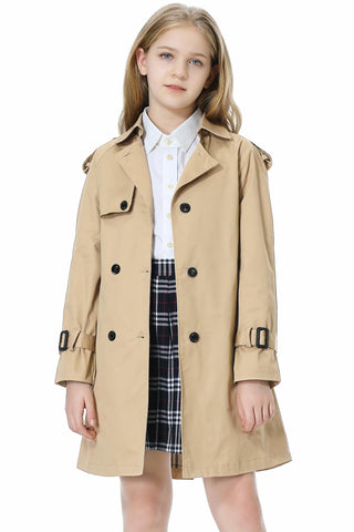 Betusline Girls Trench Coat Double Breasted Classic Lapel Belted Windproof Overcoat Outwear 2# Khaki, 11-12 Years = Tag 160