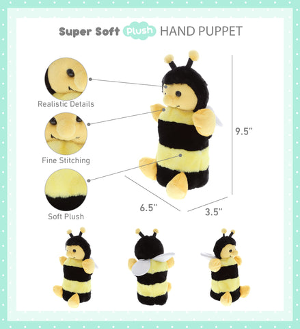 DolliBu Honeybee Plush Hand Puppet - Soft Bee Puppet Stuffed Animal Hand Puppet Toy, Perfect for Puppet Show Games, Puppet Theater Show for Kids, Toddlers, Cute Puppets for Educational Toy - 10 Inch