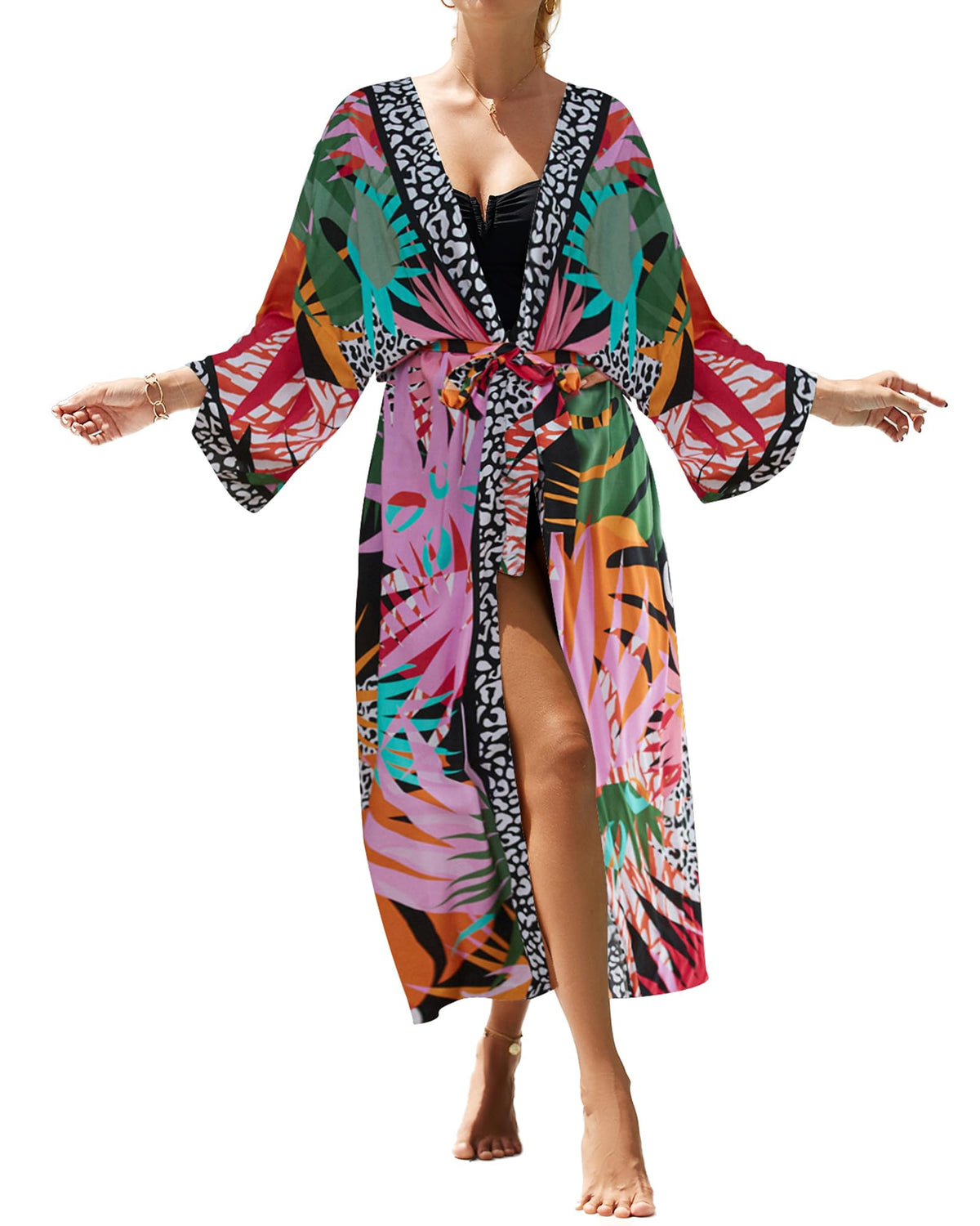 Bsubseach Kimono Cover Ups for Swimwear Women Boho Swimsuit Coverup Beach Dusters Long Summer Cardigan Leaf Print