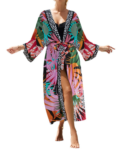 Bsubseach Kimono Cover Ups for Swimwear Women Boho Swimsuit Coverup Beach Dusters Long Summer Cardigan Leaf Print