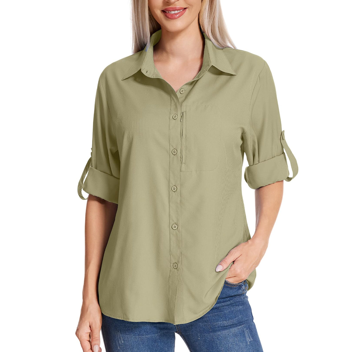 mosingle Women's Long Sleeve Shirts Quick Dry Button Up Blouses UPF 50+ Sun Protection Outdoor Hiking Travel #5019-Khaki-L