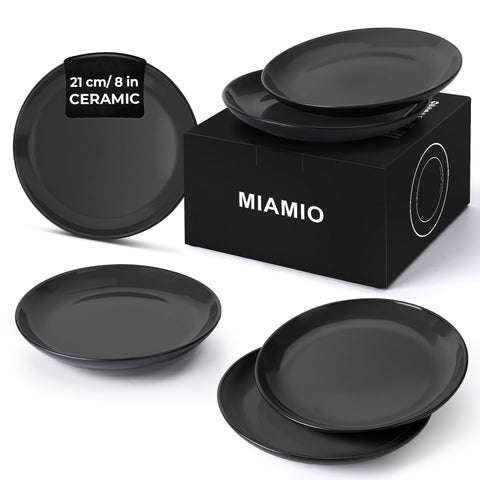 MIAMIO - 6 x Plate/Dinner Plate Set Stoneware Ceramic Tableware Set - Le Papillon Collection (Black, 21 cm)
